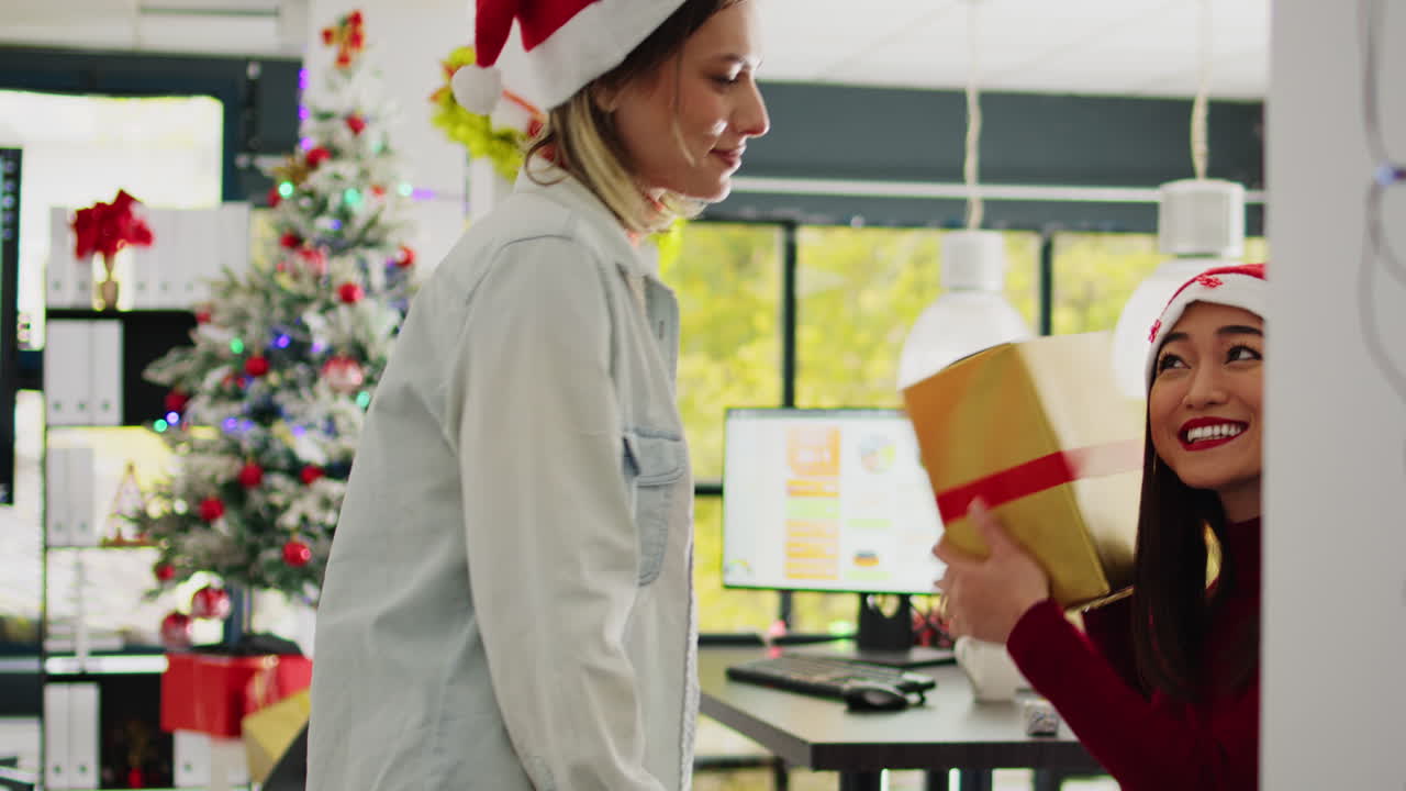 Christmas celebration at the office with gifts