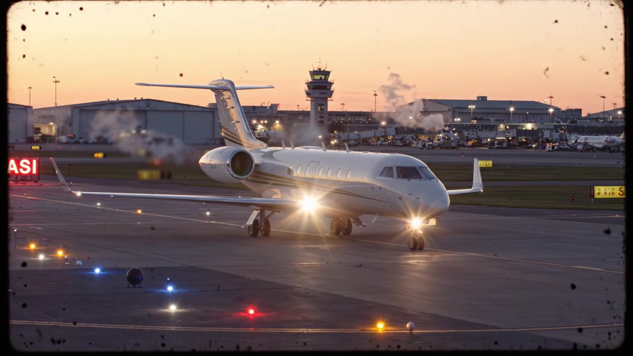 A Luxurious Jet Prepares for Takeoff at Twilight, Illuminated by Ground Lights and the Airport Tower in the Background, Capturing the Essence of Air Travel.
