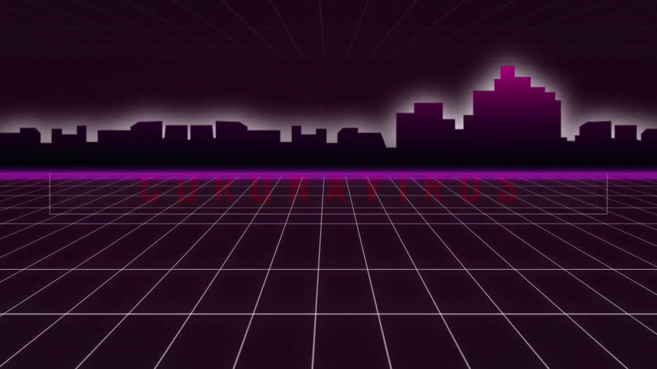 Animation of grid pattern and 3d model of modern buildings against lights on abstract background