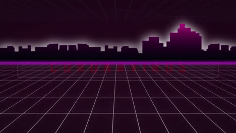 animación del patrón de cuadrícula y modelo 3d de edificios modernos contra luces en un fondo abstracto
