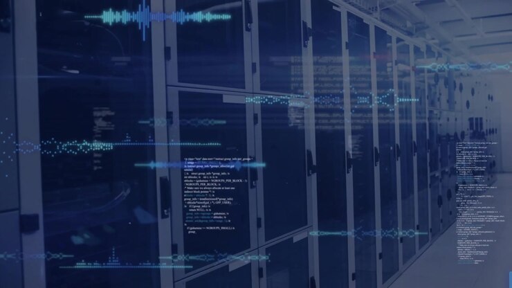 On server rack view shimmering waveforms drifting, layering, flashing code, mapping network paths