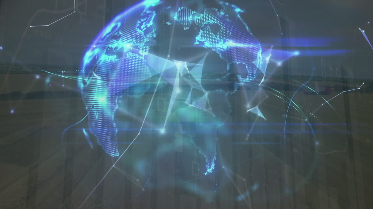 animación de globos y formas brillantes sobre el paisaje