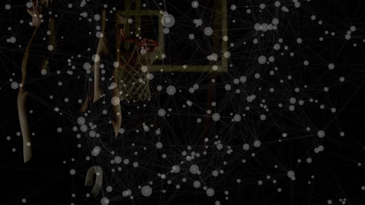 Basketball hoop and player silhouette with network of connections animation overlay