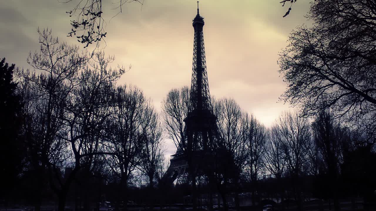 Silhouette iconica della Torre Eiffel incorniciata da alberi spogli in una giornata nuvolosa