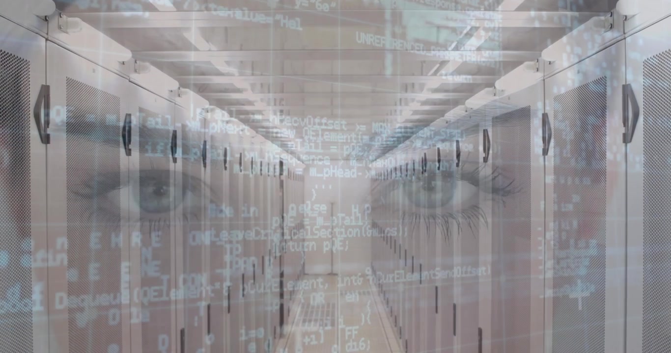 Animation of data processing over computer servers and caucasian woman's face in background