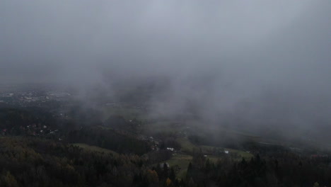 Während-Des-Winterabends-über-Die-Landschaft-Und-Den-Wald-Unter-Dem-Dichten-Nebel-Fliegen