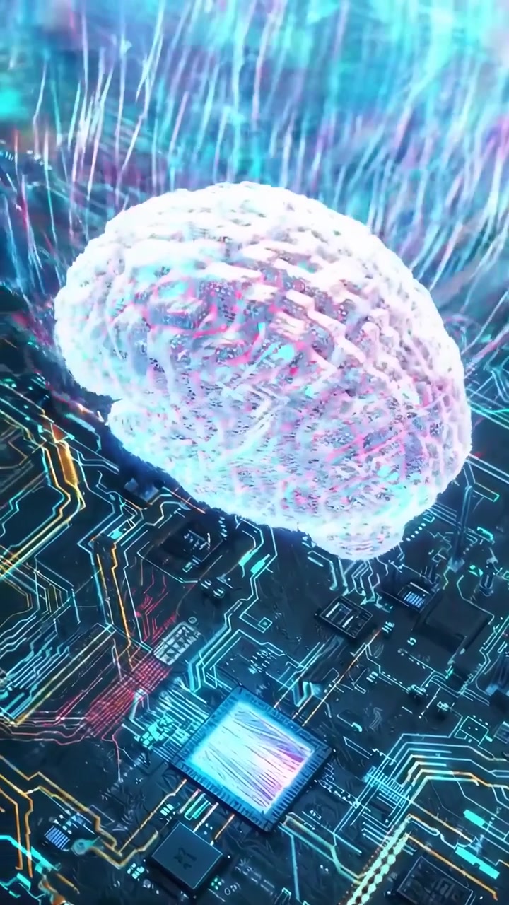 Digital Brain Hologram Emerging from Computer Circuit Board