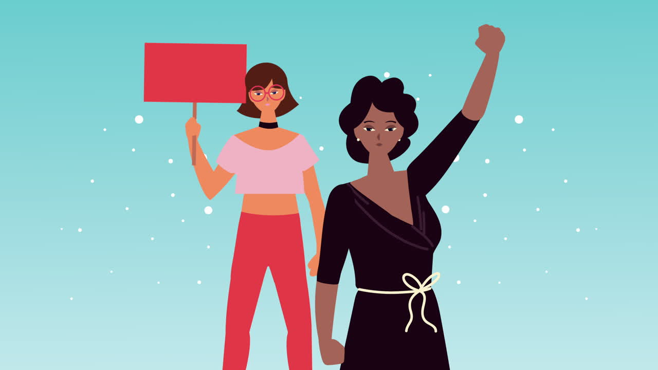 시위 표지판 을 들고 있는 인종 간 소녀 부부