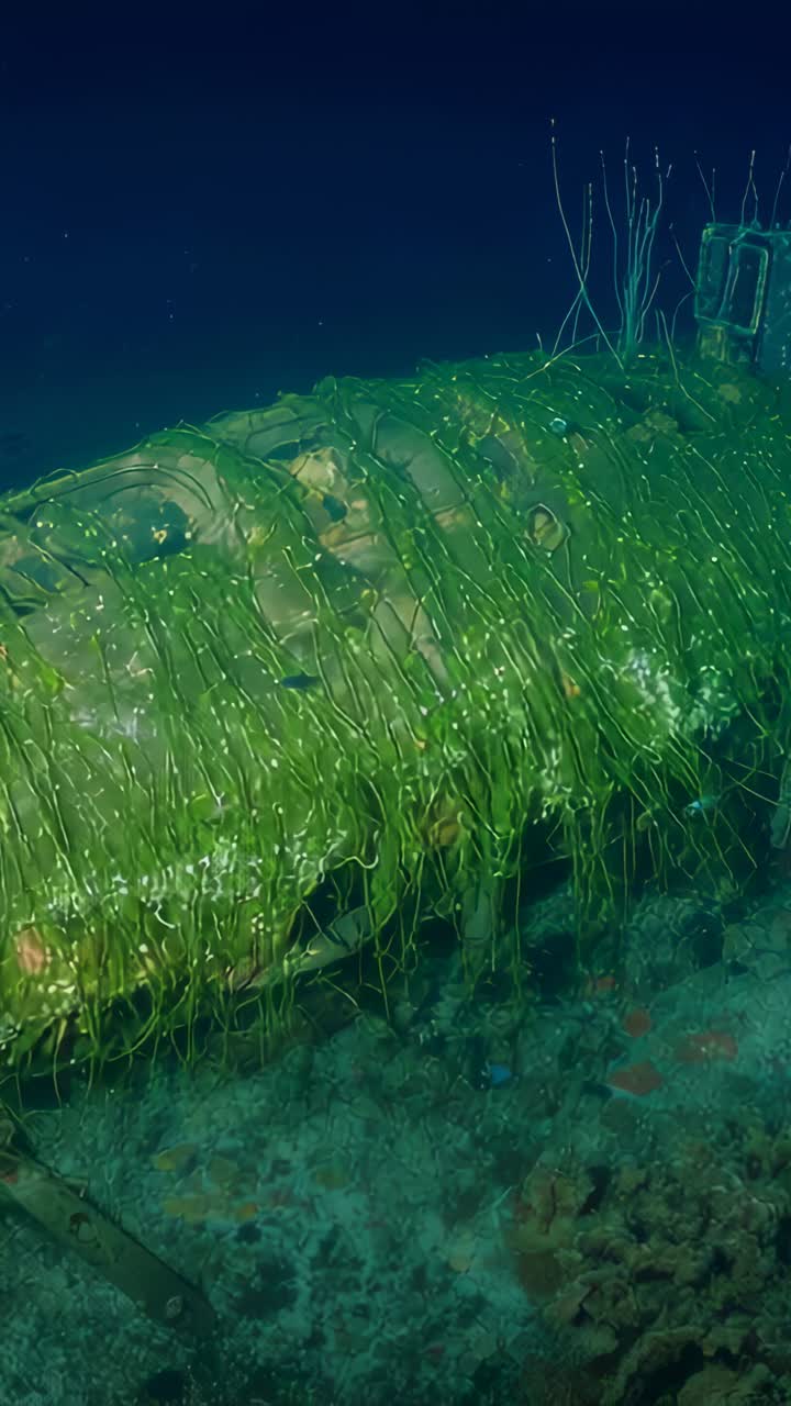 Vertical video: Lights turning on, ROV cam scanning rusted cylinder on seabed to document housing