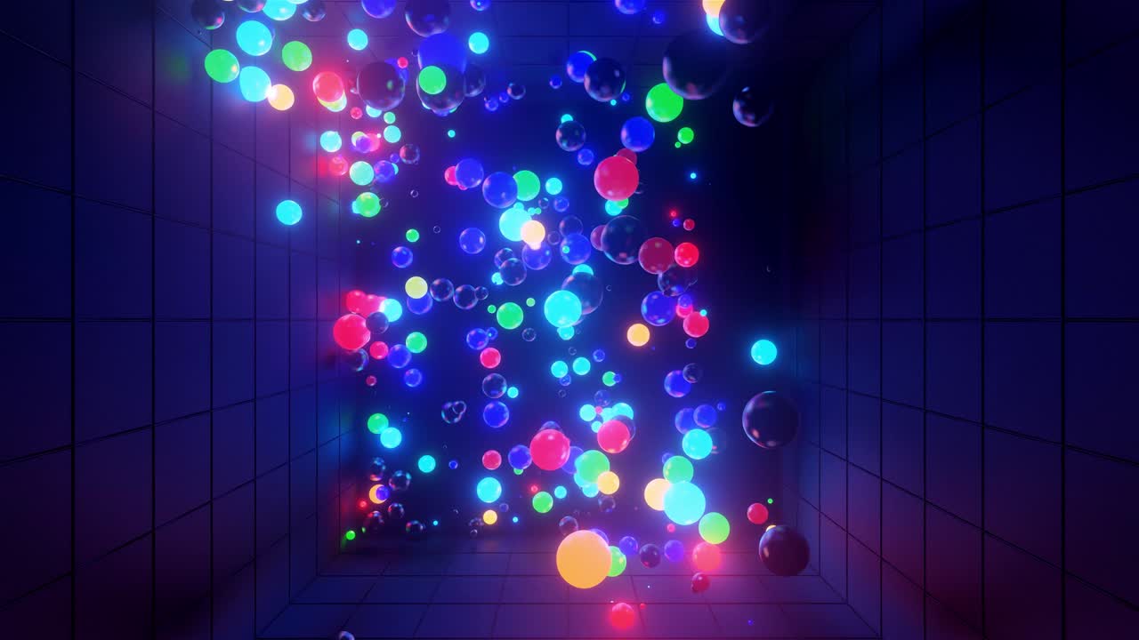 fondo de animación creativa abstracta 3d con brillo de neón esferas multicolores dentro de la cámara, paredes reflectantes. bolas luminosas vuelan dentro de la habitación oscura. orbes de luz de neón vuelan hermosamente. 4
