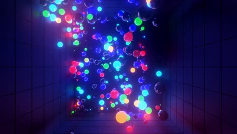 fondo de animación creativa abstracta 3d con brillo de neón esferas multicolores dentro de la cámara, paredes reflectantes. bolas luminosas vuelan dentro de la habitación oscura. orbes de luz de neón vuelan hermosamente. 4