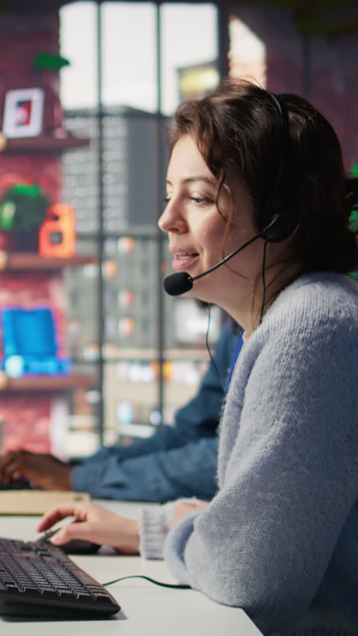 Vertical video Joyous call center agent providing guidance to customers, solving concerns
