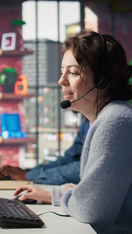 vertical video joyous call center agent providing guidance to customers, solving concerns