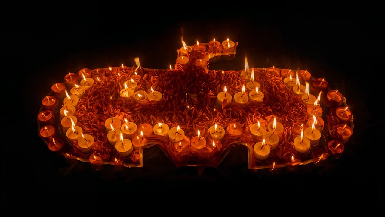 Diyas starting flickering on bat shape marigold petals against dark backdrop, creating warm glow