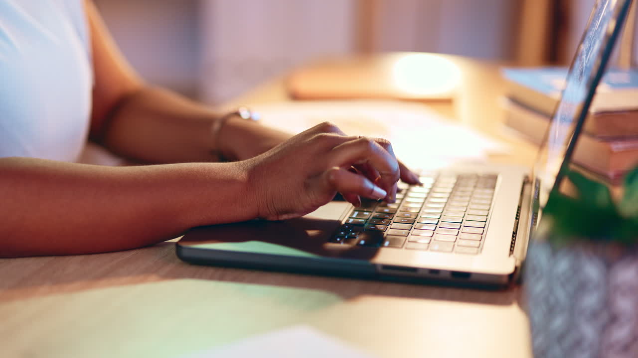 Laptop, business and hands of black woman typing