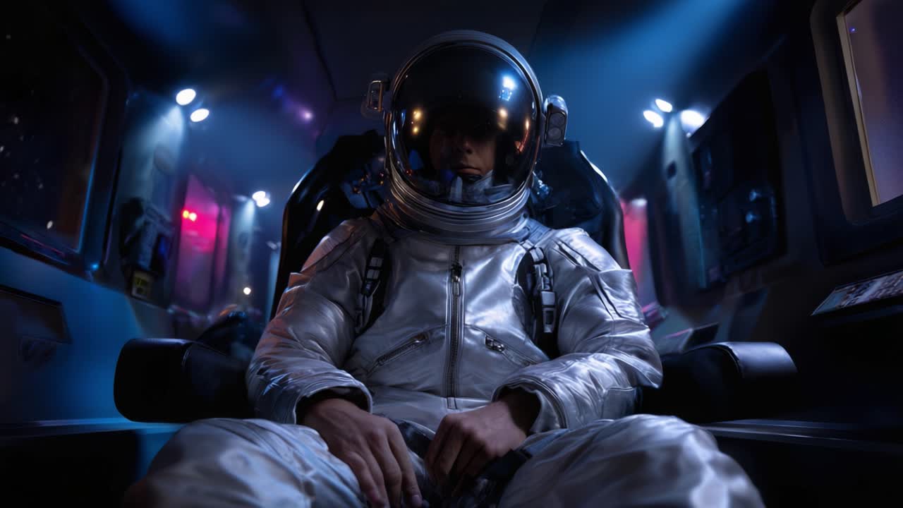 En ensom astronaut sidder i det mørkt oplyste cockpit på et futuristisk rumskib og forbereder sig på den kommende rejse blandt stjernerne i rummets uendelighed.