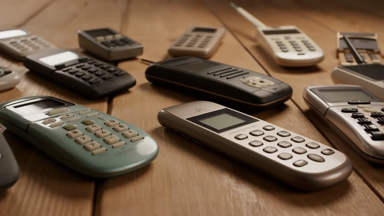 A Collection of Vintage Mobile and Cordless Phones on a Wooden Table