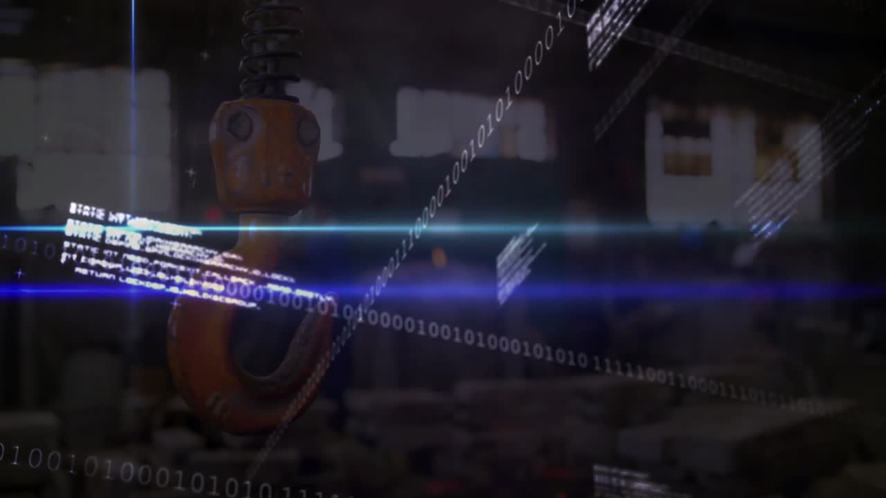 3D-rendered industrial robotic arm projecting grid, streaming blue pulses, floating binary streams