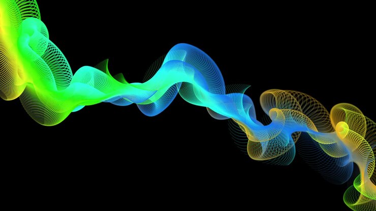 Onda fluida astratta di particelle colorate su sfondo nero