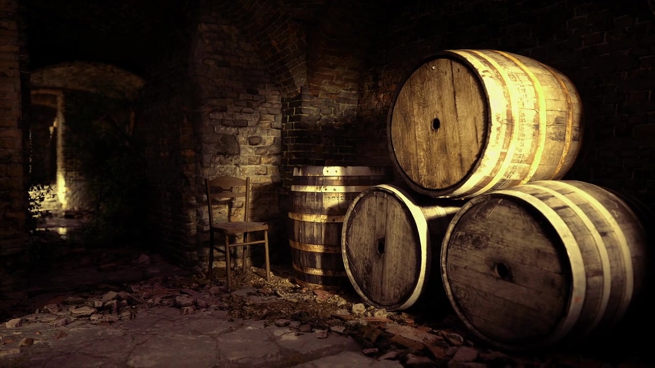 Ambiente acogedor de bodega rústica con iluminación cálida.