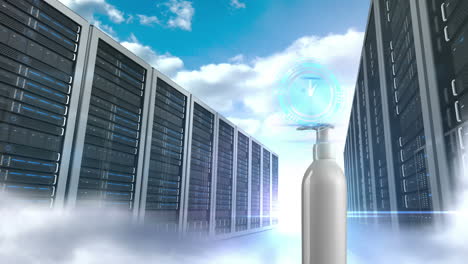 animation of clock over soap container and server room