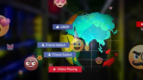 Animation-Von-Social-Media-Texten-über-Emoji-Symbolen-Und-Globus