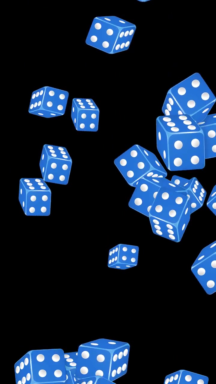 Dadi da gioco blu cadono e ruotano attraverso lo spazio buio in un'animazione 3D verticale