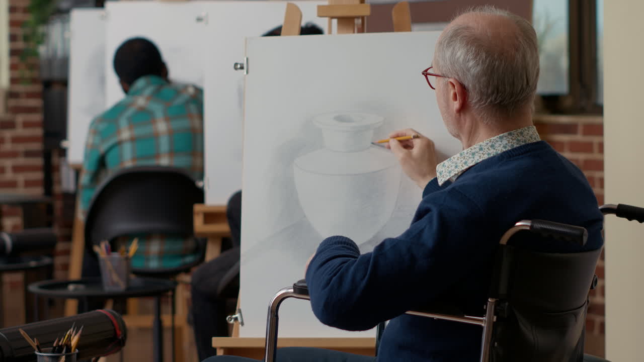 Senior man with disability learning to draw vase design