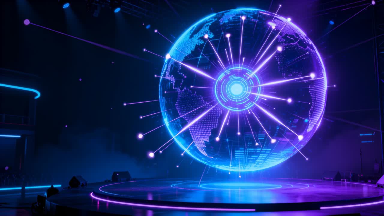 Globo che si materializza proiettando raggi al neon e un nucleo pulsante su un palco con bordo a LED, con l'attivazione di un segnale luminoso.