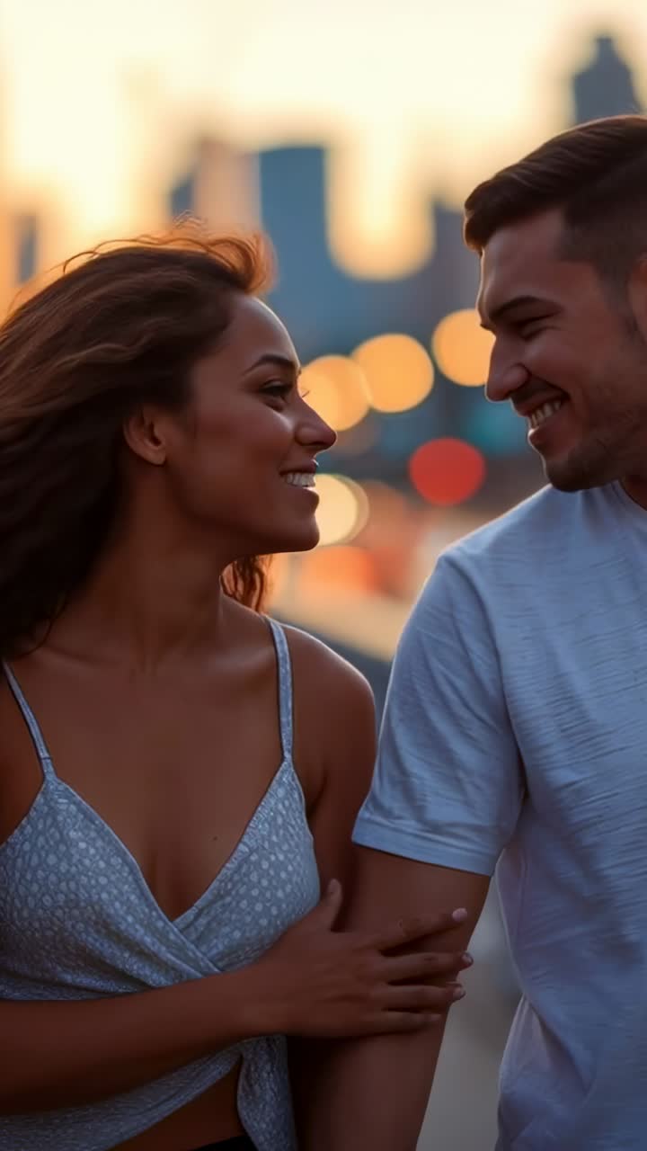 Vídeo vertical: Casal de mãos dadas caminhando em ponte ao pôr do sol durante um passeio noturno; mulher vestindo blusa cache-coeur