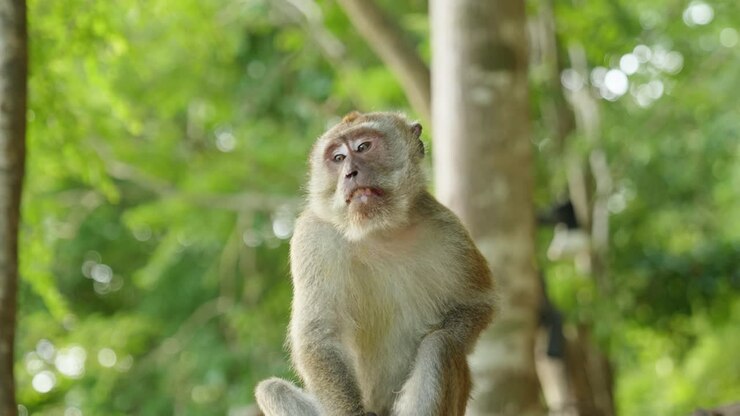Close-up footage of a grey long-tailed macaque hanging on a tree branch in the jungle of Thailand. The wild monkey is surrounded by tropical vegetation showing natural wildlife behavior in its habitat