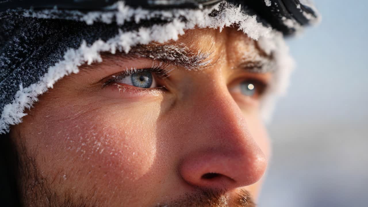 Intense gaze of a frost-covered face, embodying the resilience and determination of an adventurer in cold, icy wilderness, showcasing the beauty of nature's challenge