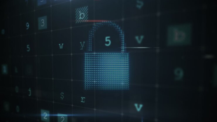 Animation of security padlock over data processing on dark background