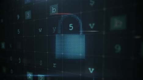 Animation of security padlock over data processing on dark background