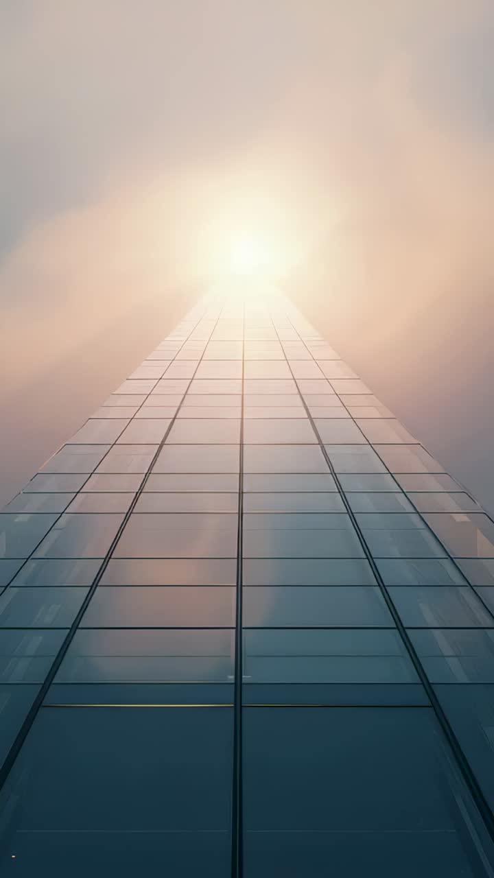 Vídeo vertical: câmera inclinada rastreando a torre de vidro da base, nuvens diminuindo, revelando a luz do topo