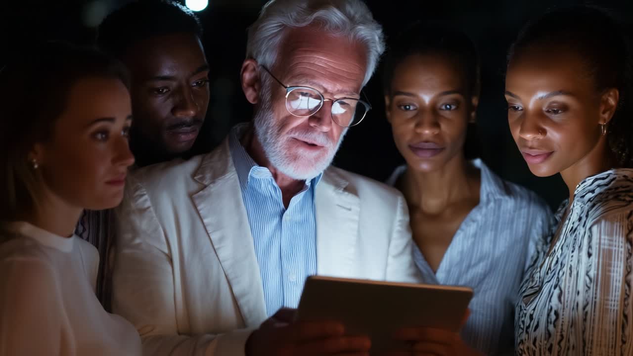 Group of Diverse Friends Engaged in Conversation around a Tablet, Exploring Shared Interests and Ideas, Illuminated by Soft Night Lights, Creating a Sense of Community and Connection in a Serene Outdoor Setting