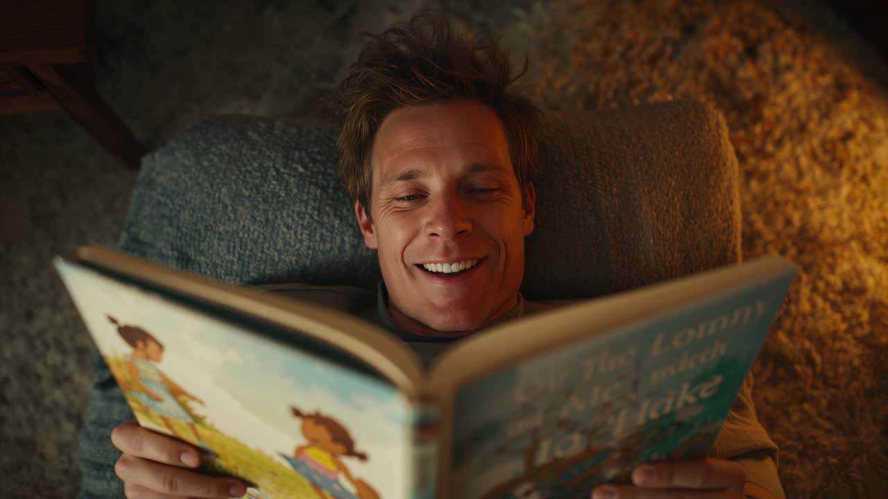 Opening picture pages, man smiling, focusing reading kids book at home on pillow in dark top