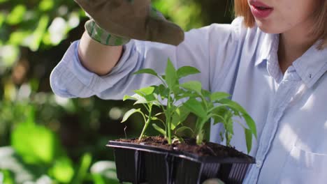mujer asiática jardinería y sonriendo en un día soleado