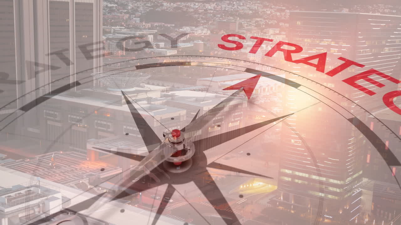 Compass pointing towards strategy in animation over cityscape with sunset lighting