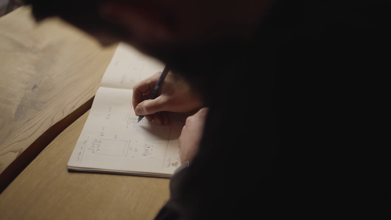 Detailed close-up of a hand drawing technical sketches in a notebook with a pen. Creative design and planning work