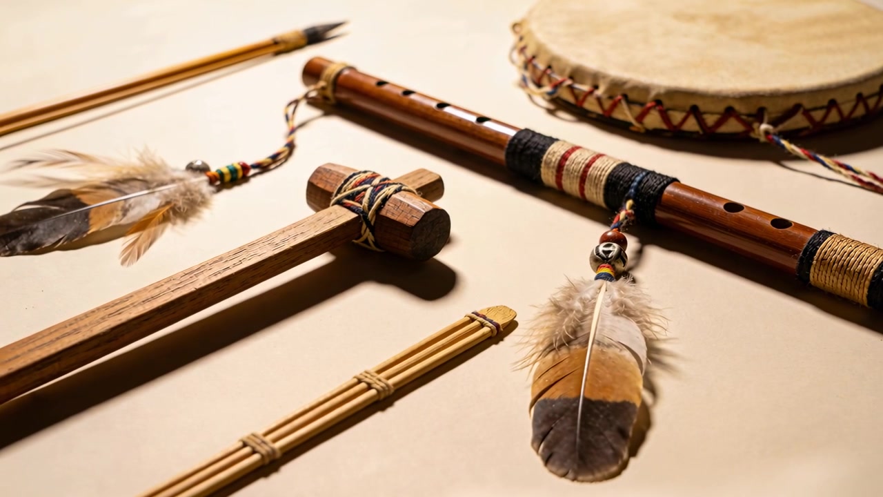 Kamera zoomt und enthüllt eine Flöte mit Feder, eine Trommel und eine Klapper auf beiger Oberfläche, die Musikinstrumente zeigt.
