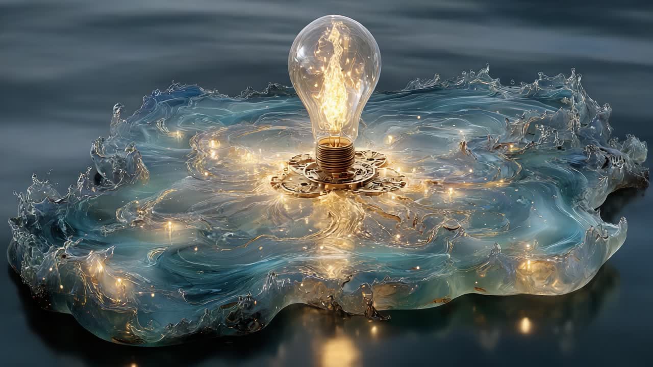 Conceptual animation of a glowing light bulb on a stack of coins, creating luminous, swirling ripples in dark water, symbolizing the value of innovation, creative thinking, and bright ideas