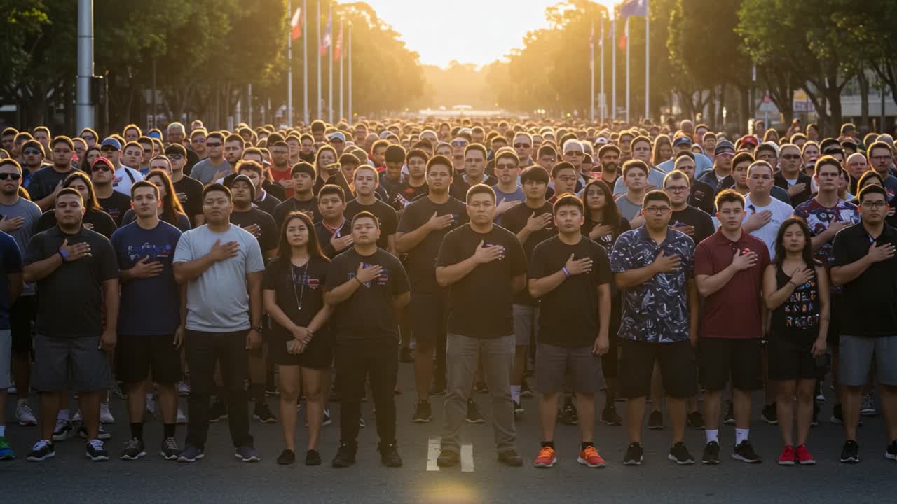 A Powerful Gathering: Participants Stand United in Respect, With Hands Over Their Hearts, Against a Beautiful Sunset Backdrop, Illustrating Solidarity and Community Spirit