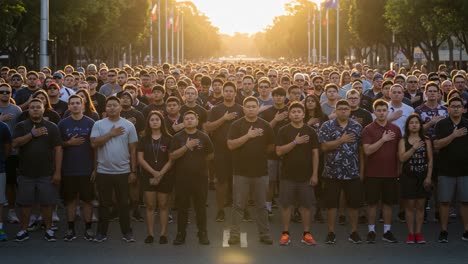 a powerful gathering: participants stand united in respect, with hands over their hearts, against a beautiful sunset backdrop, illustrating solidarity and community spirit