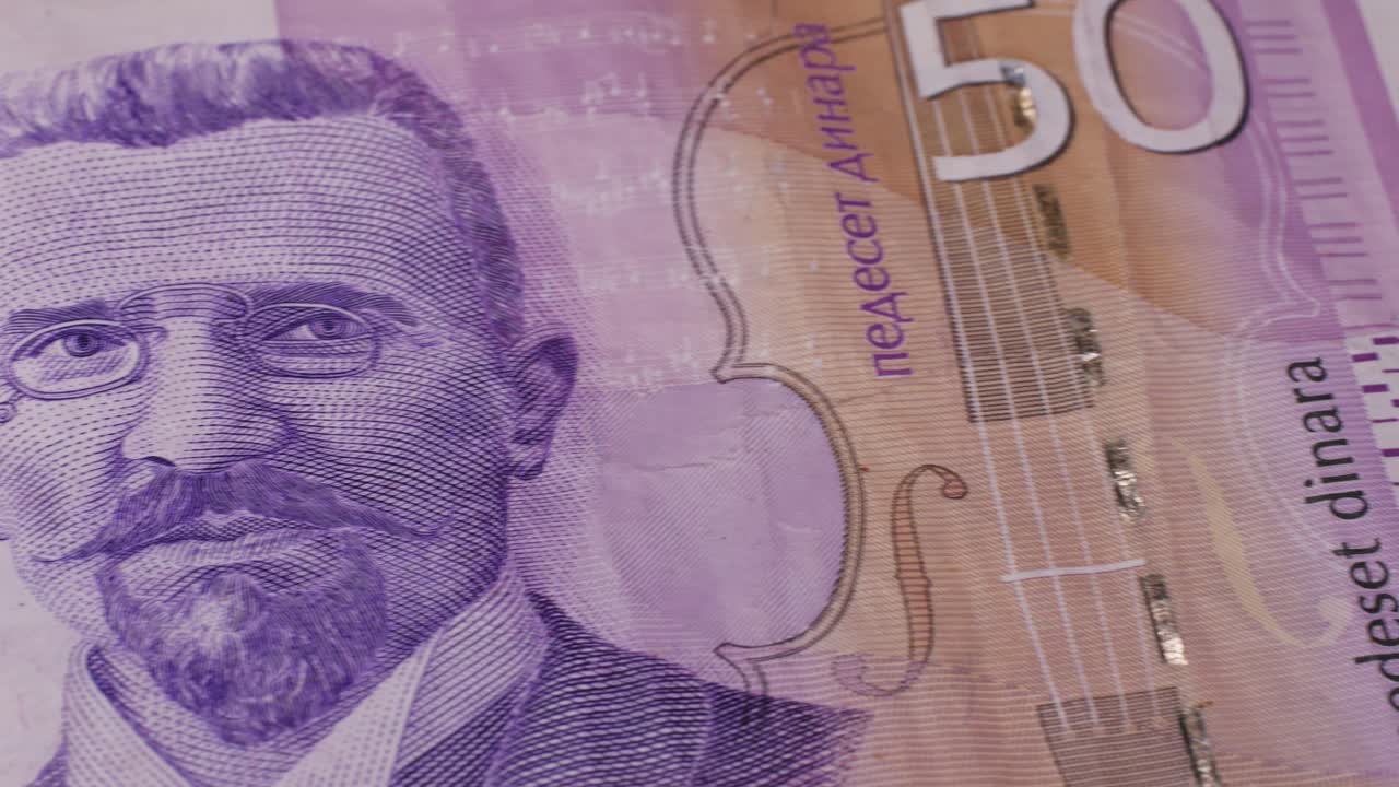 A heap of Serbian dinar paper currency, 1000, 2000 and 5000 dinars value. Serbian money as backgrounds. High quality 4k footage