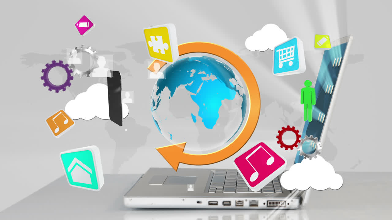 globo giratorio y iconos apareciendo por el portátil