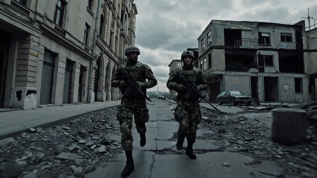 Soldiers Running Through a Damaged City