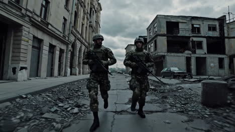 soldiers running through a damaged city