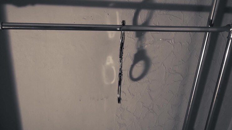 Manette metalliche che pendono da un tubo del termosifone all'interno di una stanza, proiettando un'ombra sul muro, creando un'atmosfera tesa legata a crimine, rapimento o indagini delle forze dell'ordine