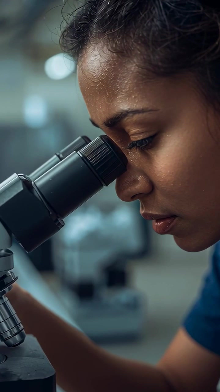 Video verticale: Donna in camice che si china, osservando uno strumento in laboratorio, regolando una manopola ed esaminando un vetrino.